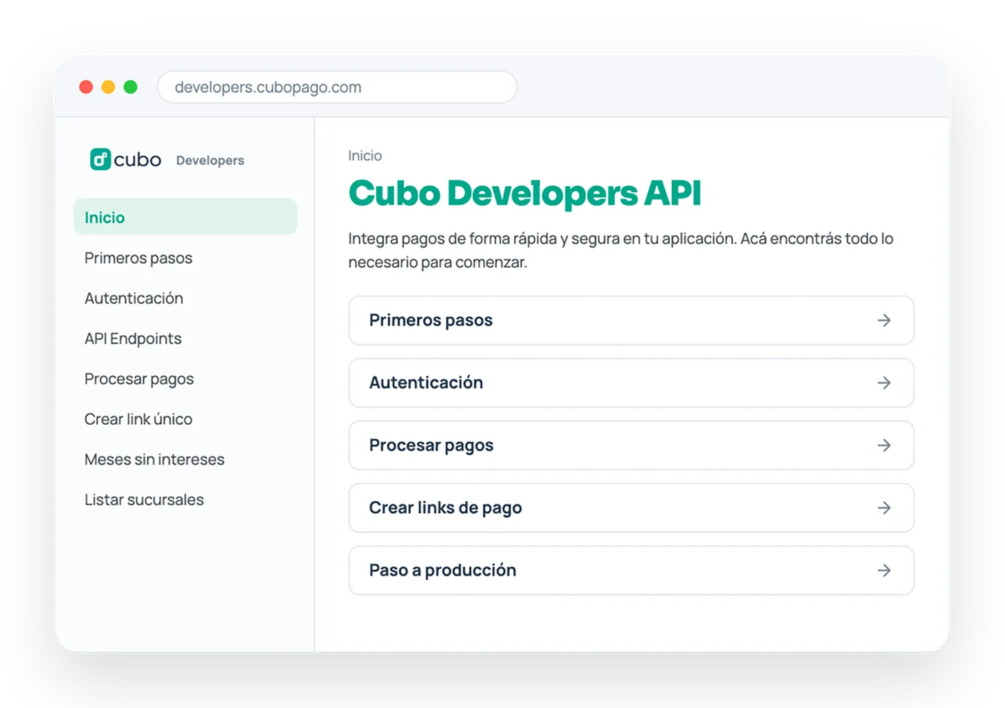 Portal Cubo Developers con las guías de primeros pasos, autenticación, pagos, links de pago y paso a producción