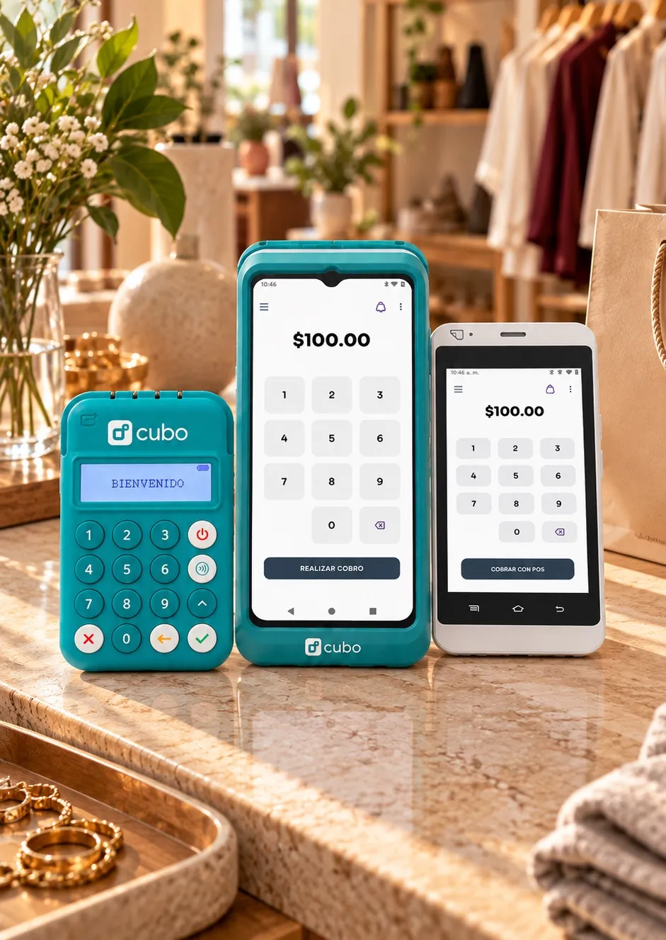 Terminales Cubo Go, Cubo Pro y Cubo Más con un cobro de $100.00 sobre el mostrador de una tienda