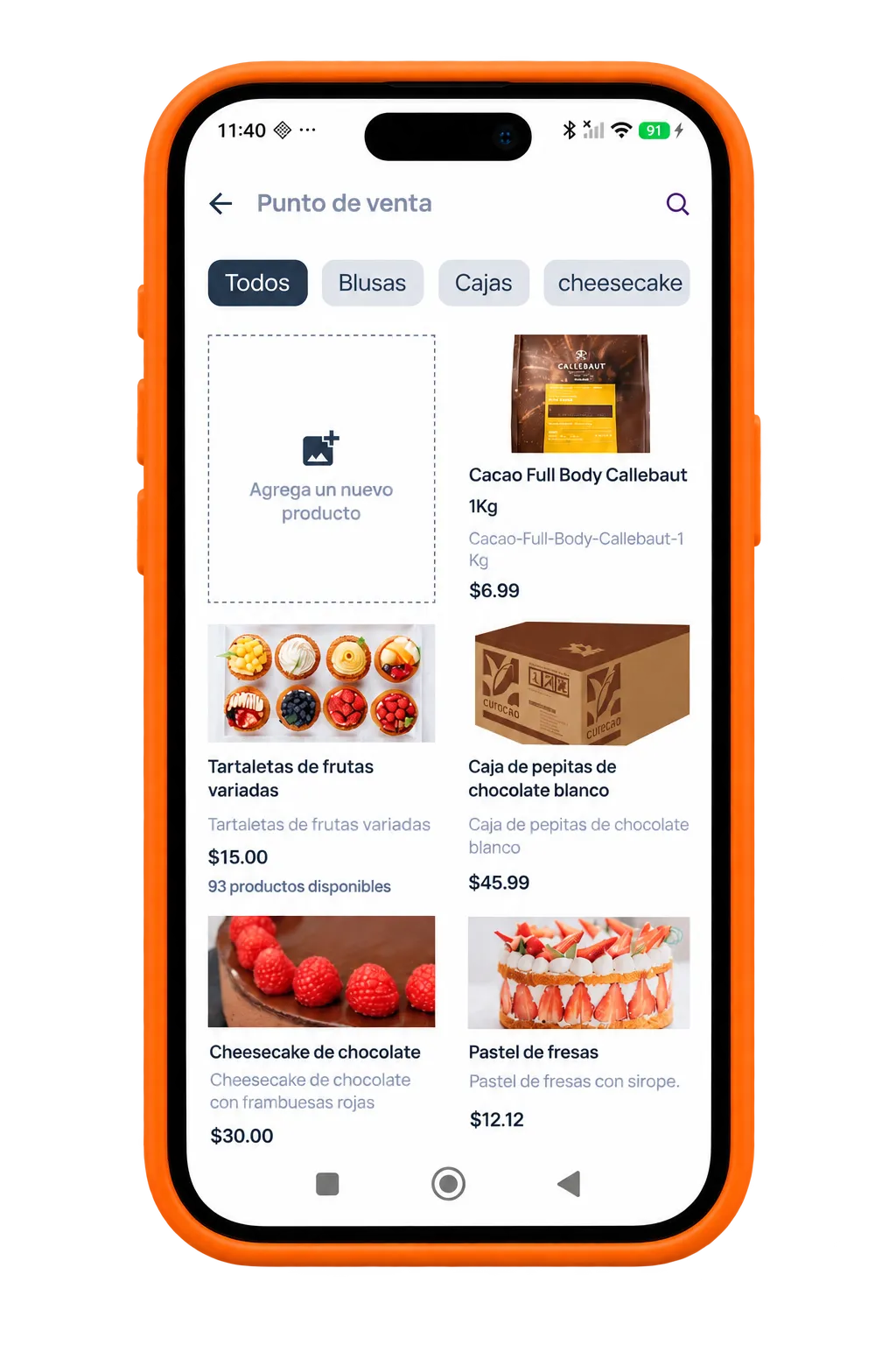 Un celular con el catálogo de productos del Punto de Venta de Cubo en pantalla