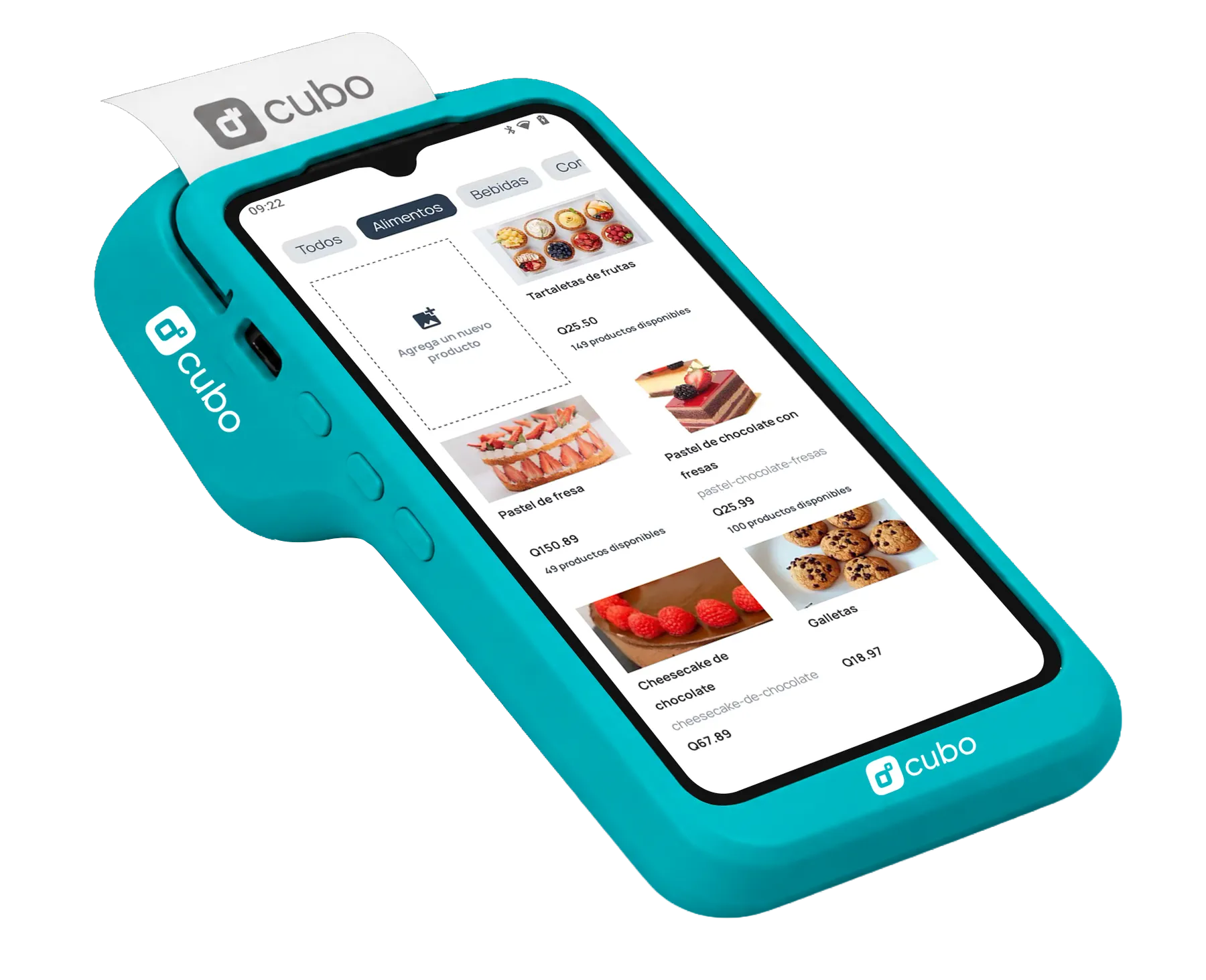 Cubo Más con el catálogo de productos en pantalla y sus precios en quetzales