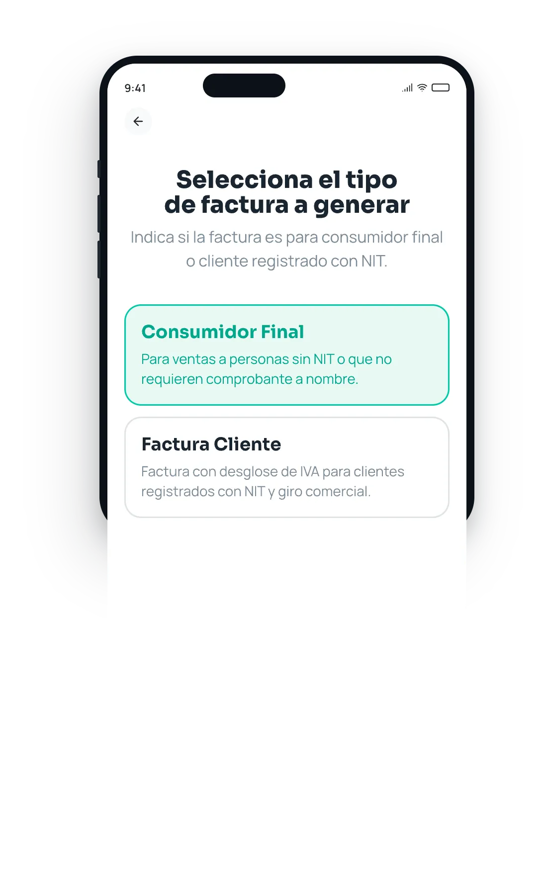 Pantalla de la app de Cubo para elegir entre factura a consumidor final o a cliente con NIT