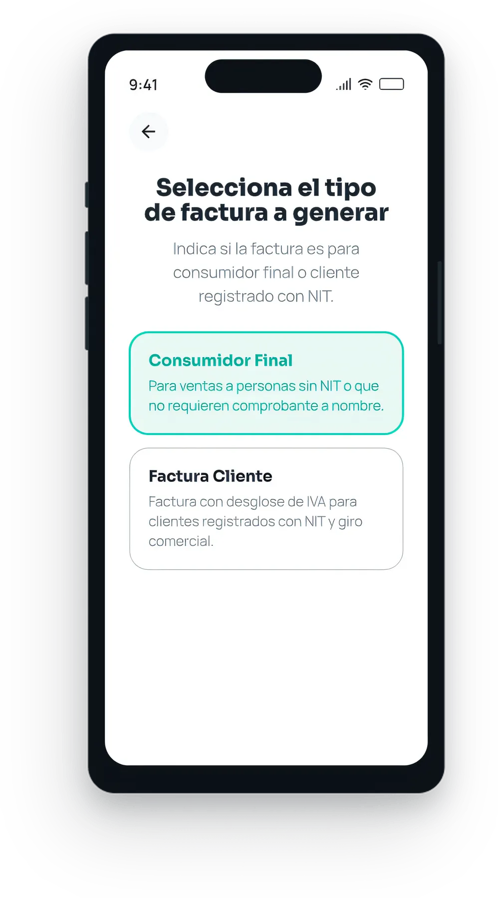 Pantalla de la app de Cubo para elegir entre factura a consumidor final o a cliente con NIT