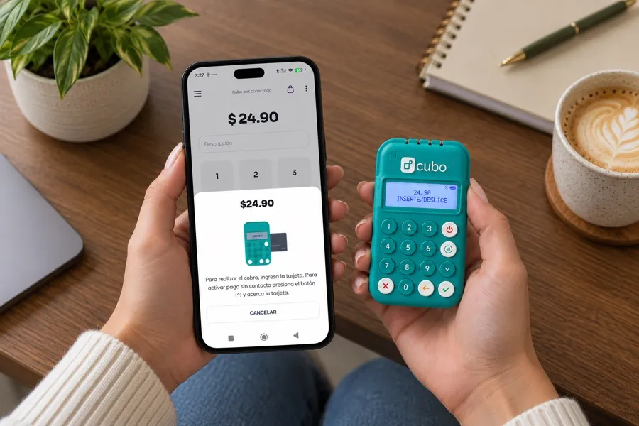 Comerciante cobrando con la app de Cubo y la terminal