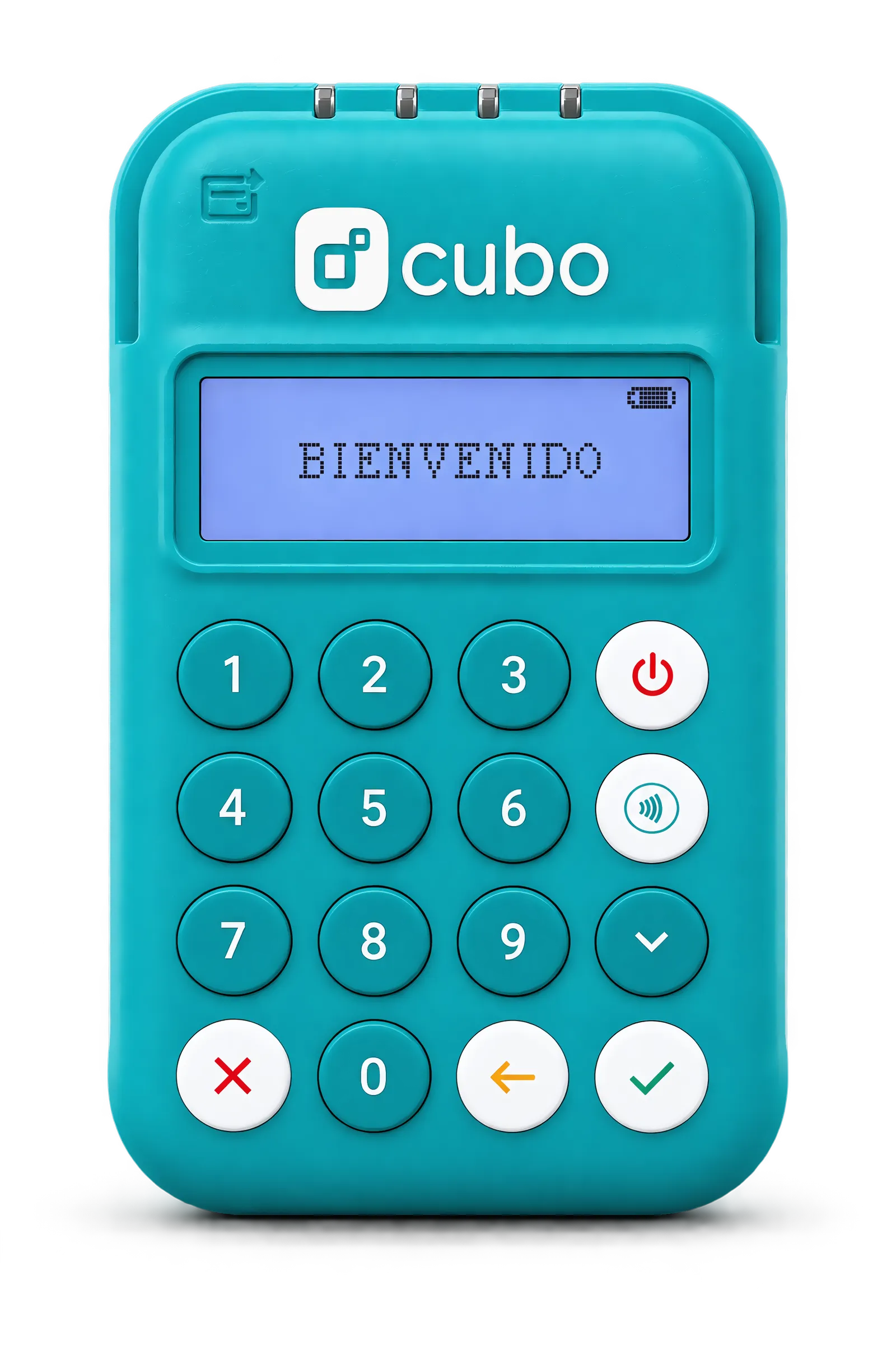 Terminal Cubo Go con la pantalla de bienvenida