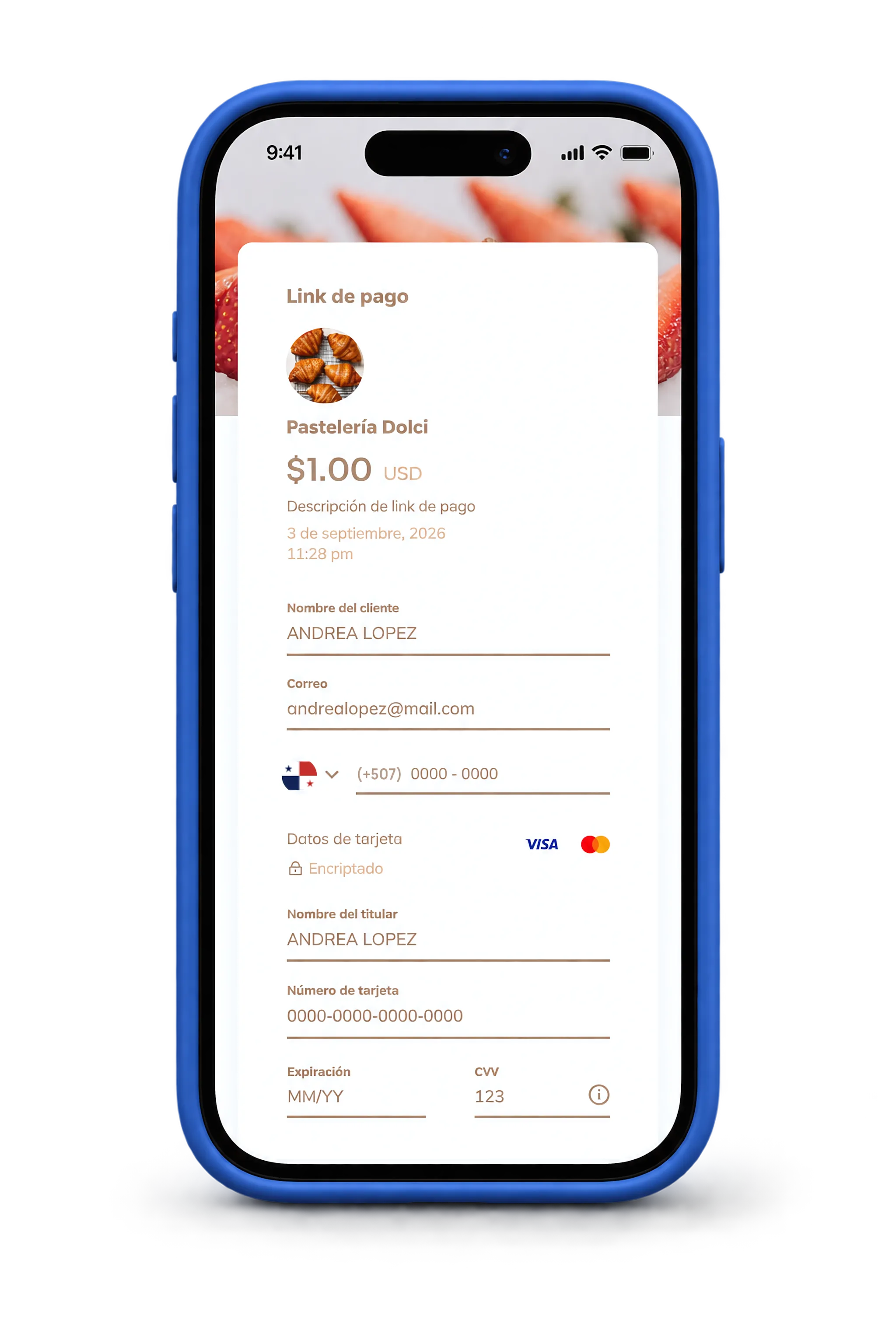 Celular con el formulario de pago de un link de Cubo de una pastelería