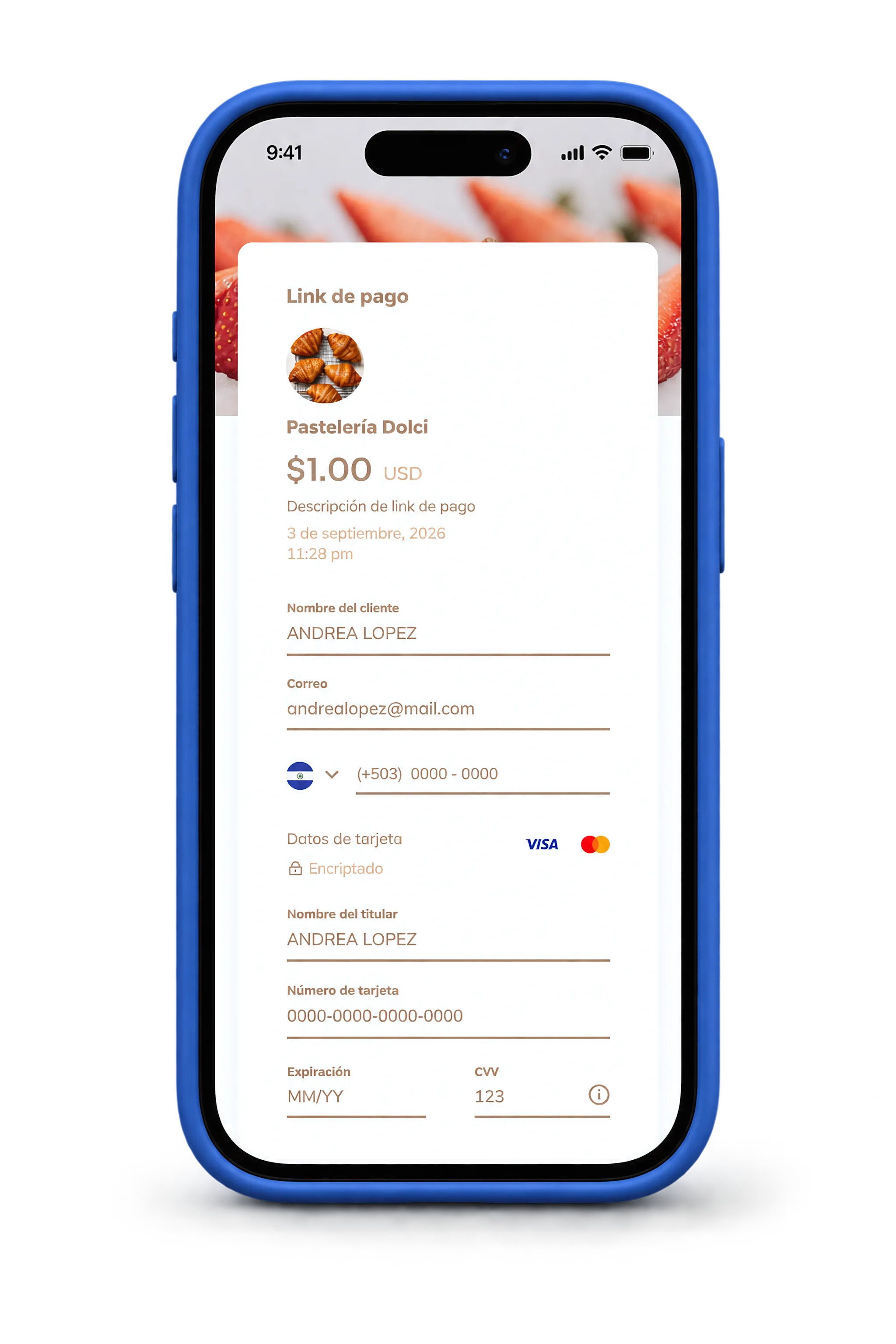 Celular con el formulario de pago de un link de Cubo de una pastelería