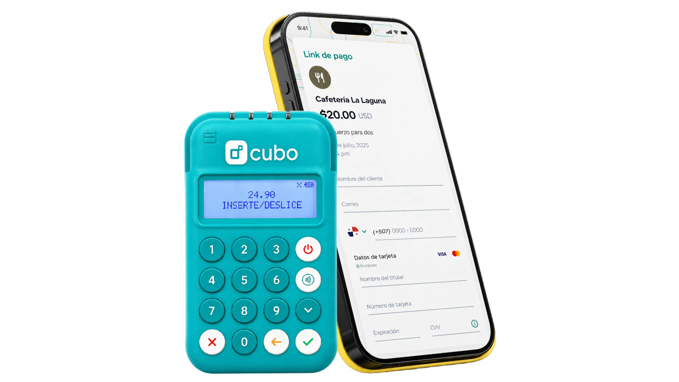 Terminal Cubo Go junto a un celular con un link de pago de Cubo