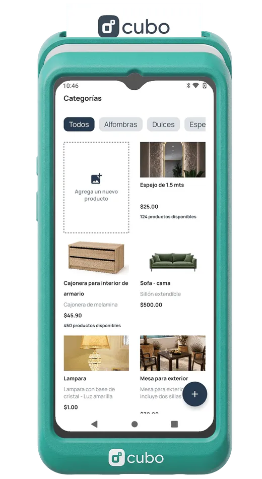 Cubo Más con el inventario de productos en pantalla