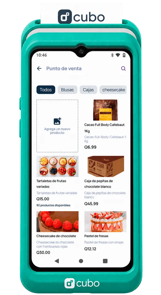 Terminal Cubo turquesa con el Punto de Venta y precios en quetzales en pantalla