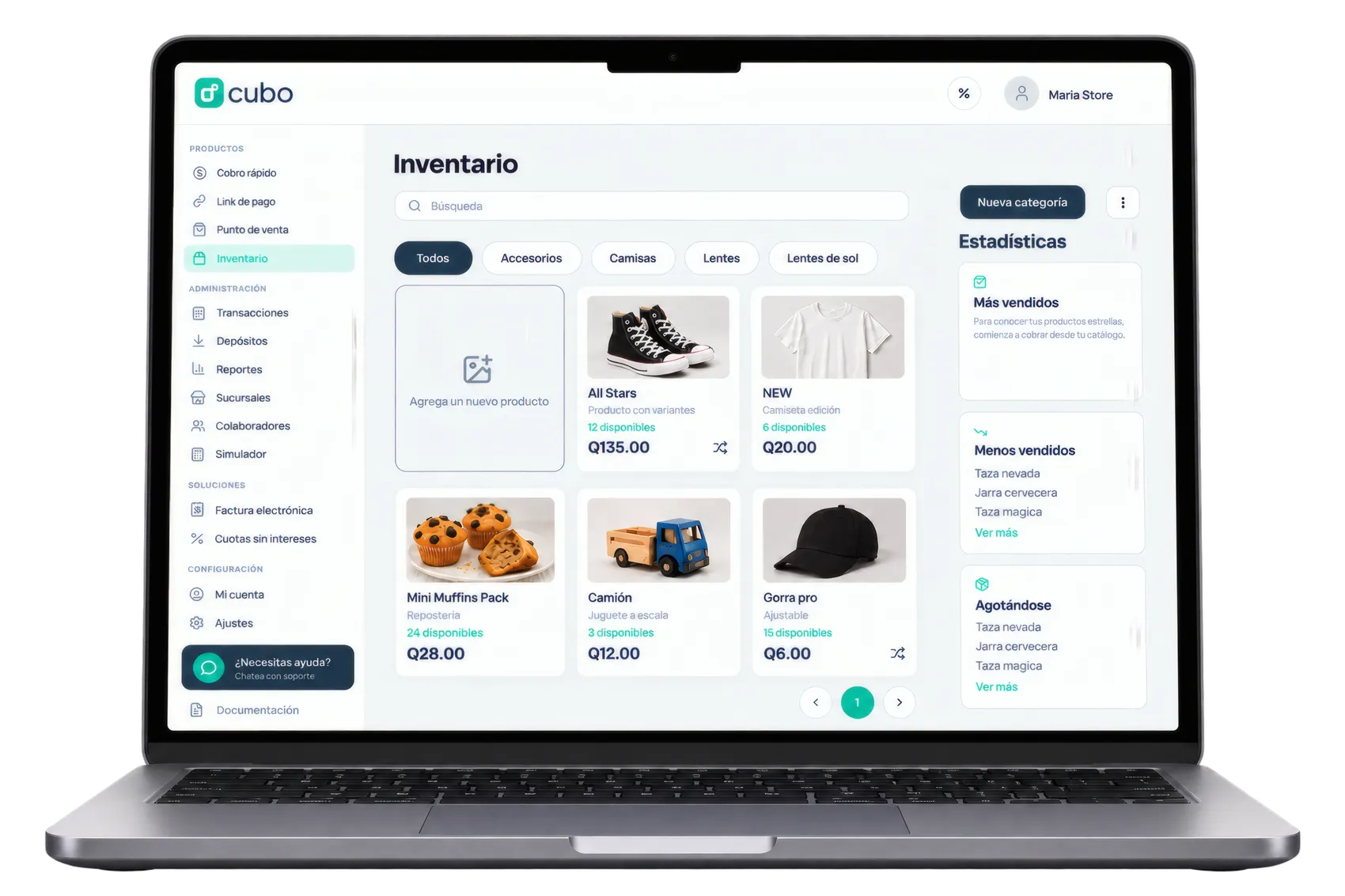 Laptop con el inventario de productos y sus precios en quetzales en el Admin de Cubo