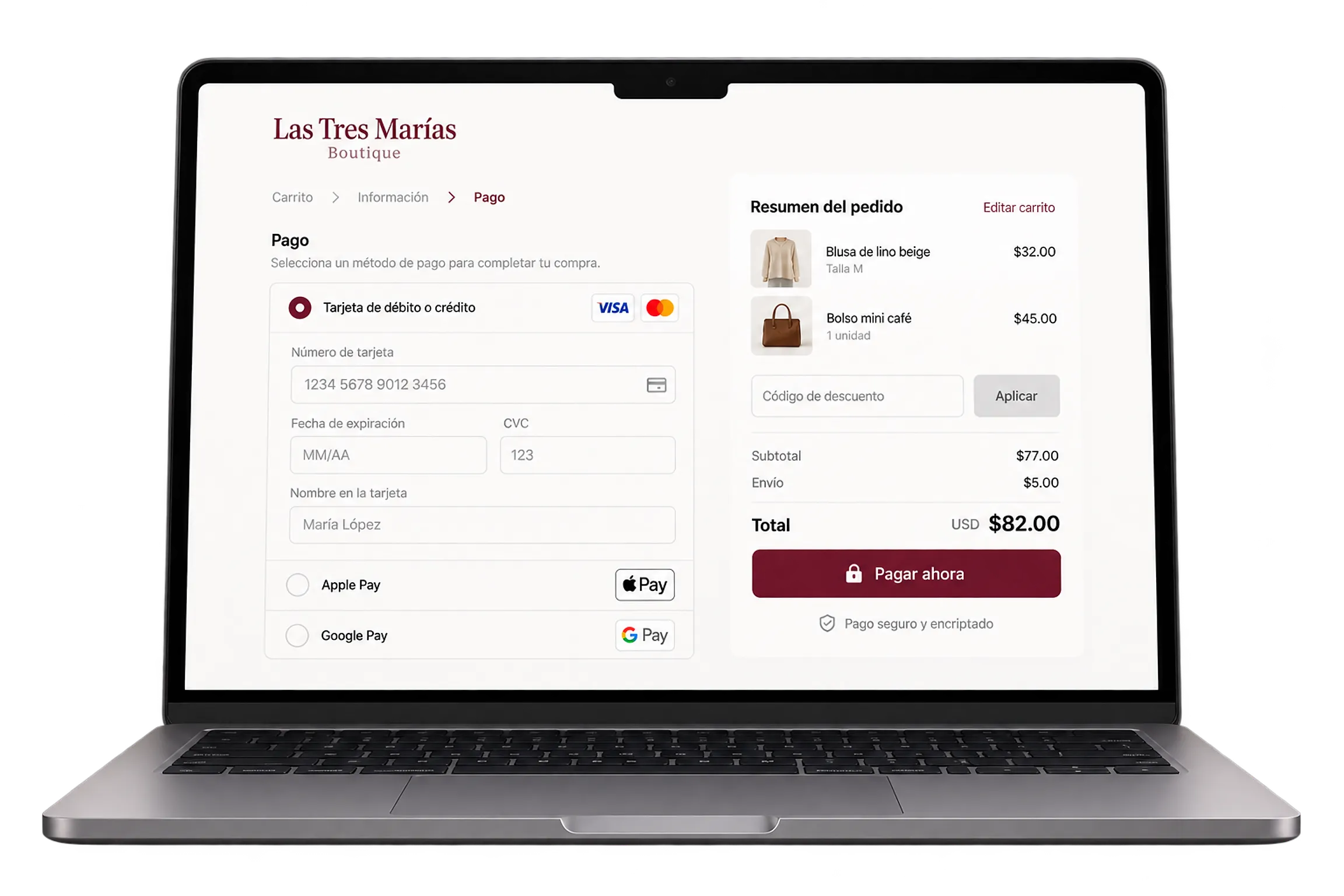Checkout de una tienda en línea en una laptop junto a la respuesta de la API de Cubo al crear un link de pago