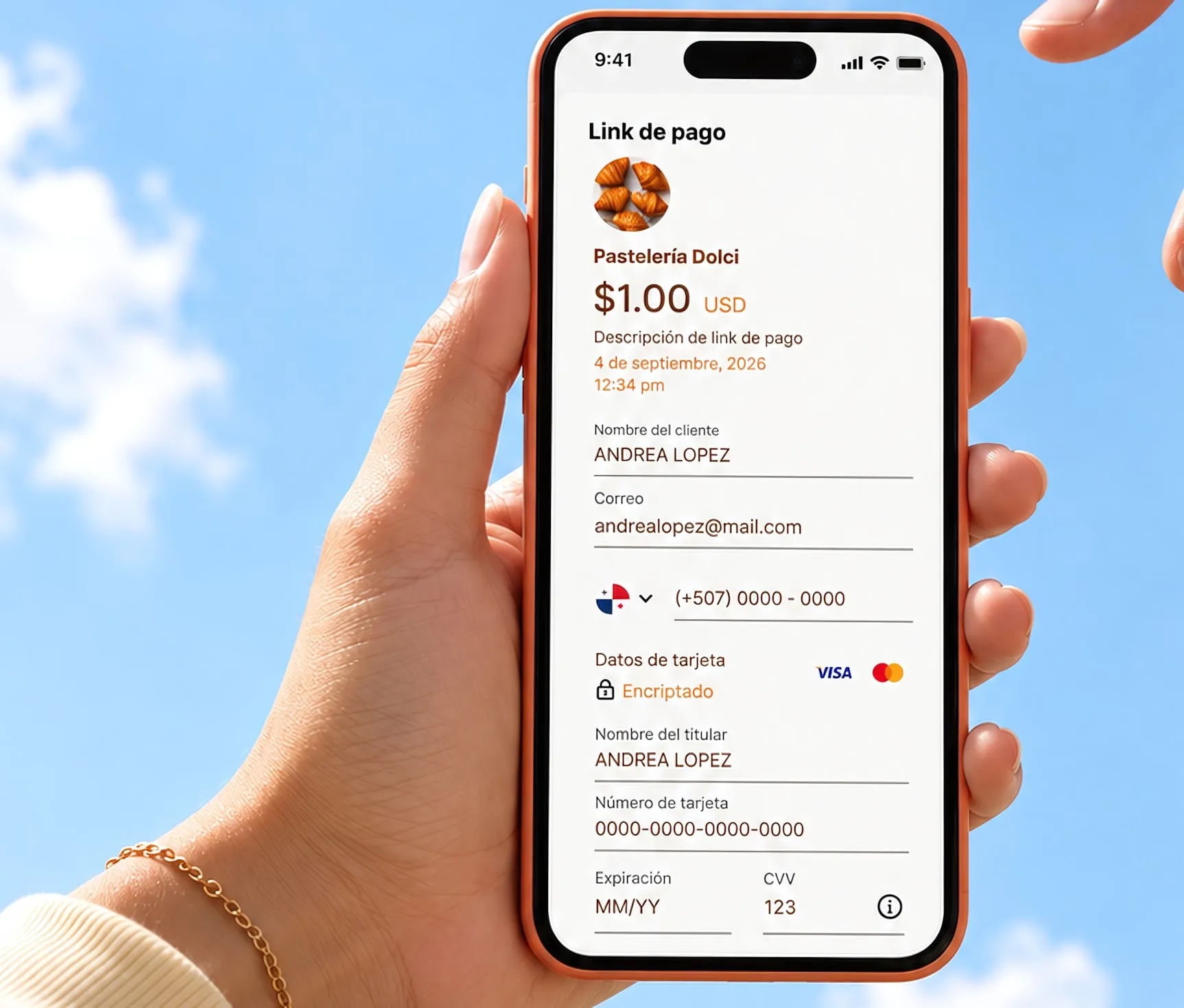 Una mano sostiene un celular con un link de pago de Cubo por $1.00 frente al cielo