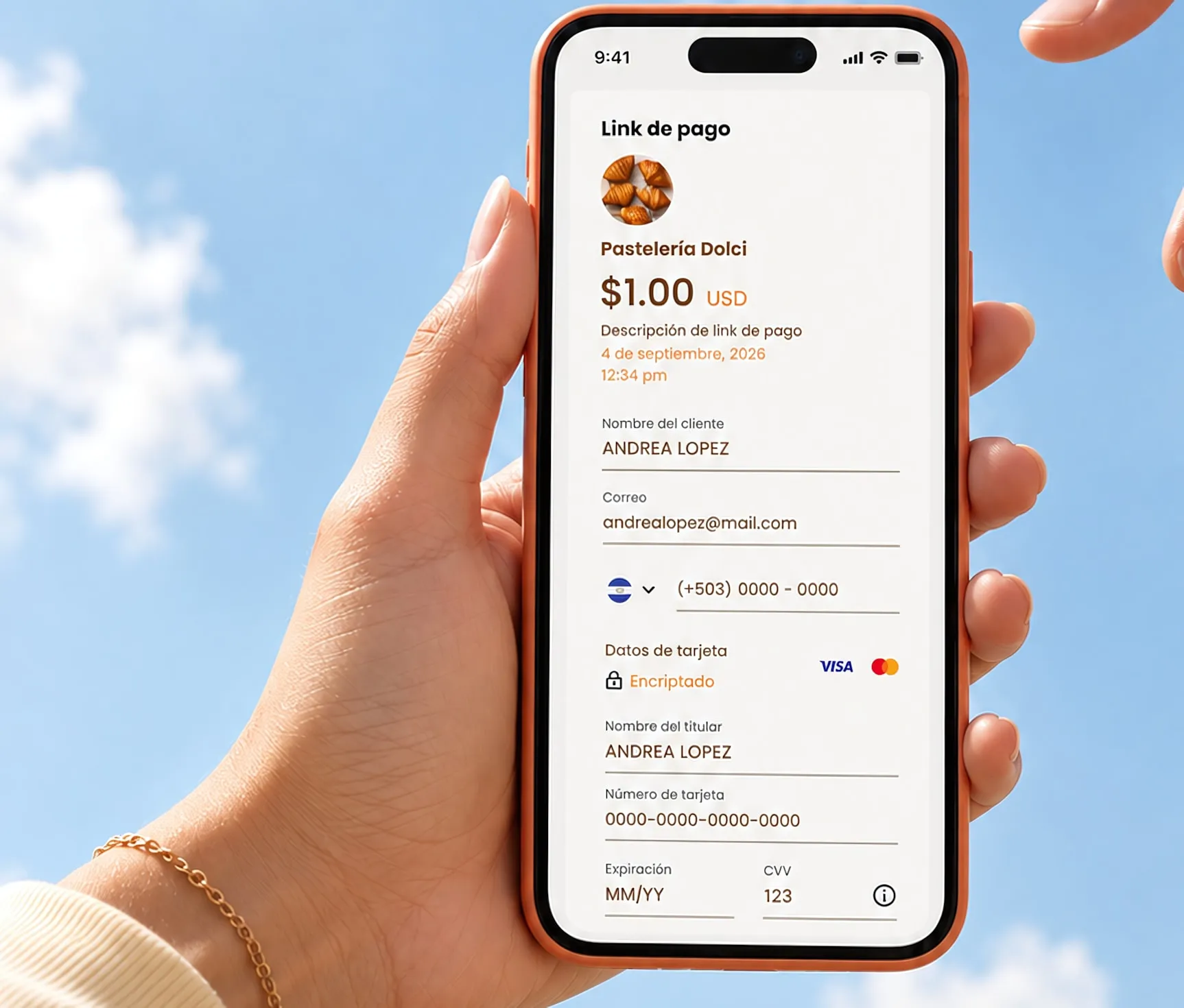 Una mano sostiene un celular con un link de pago de Cubo por $1.00 frente al cielo