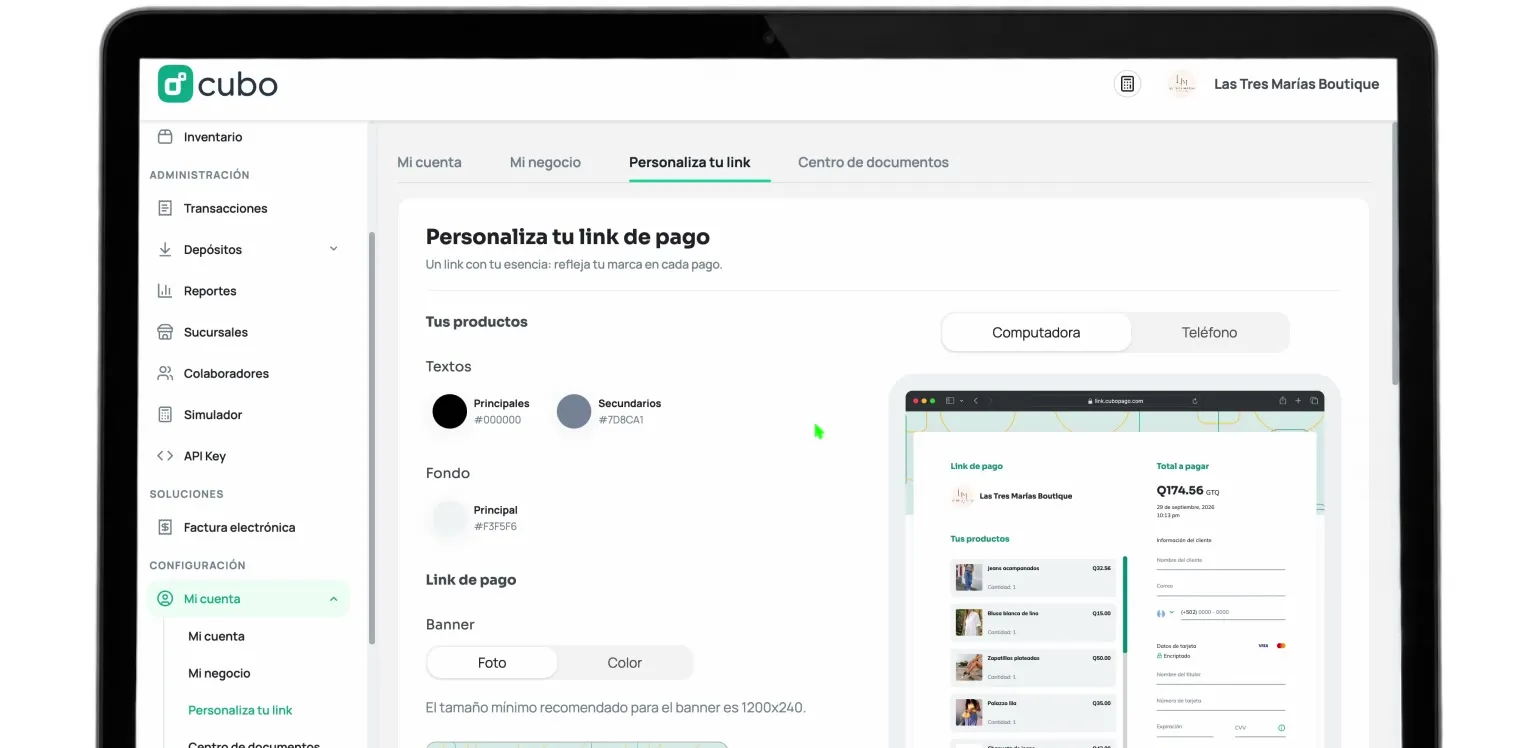 Cubo Admin en una laptop, personalizando los colores, el fondo y el banner del link de pago