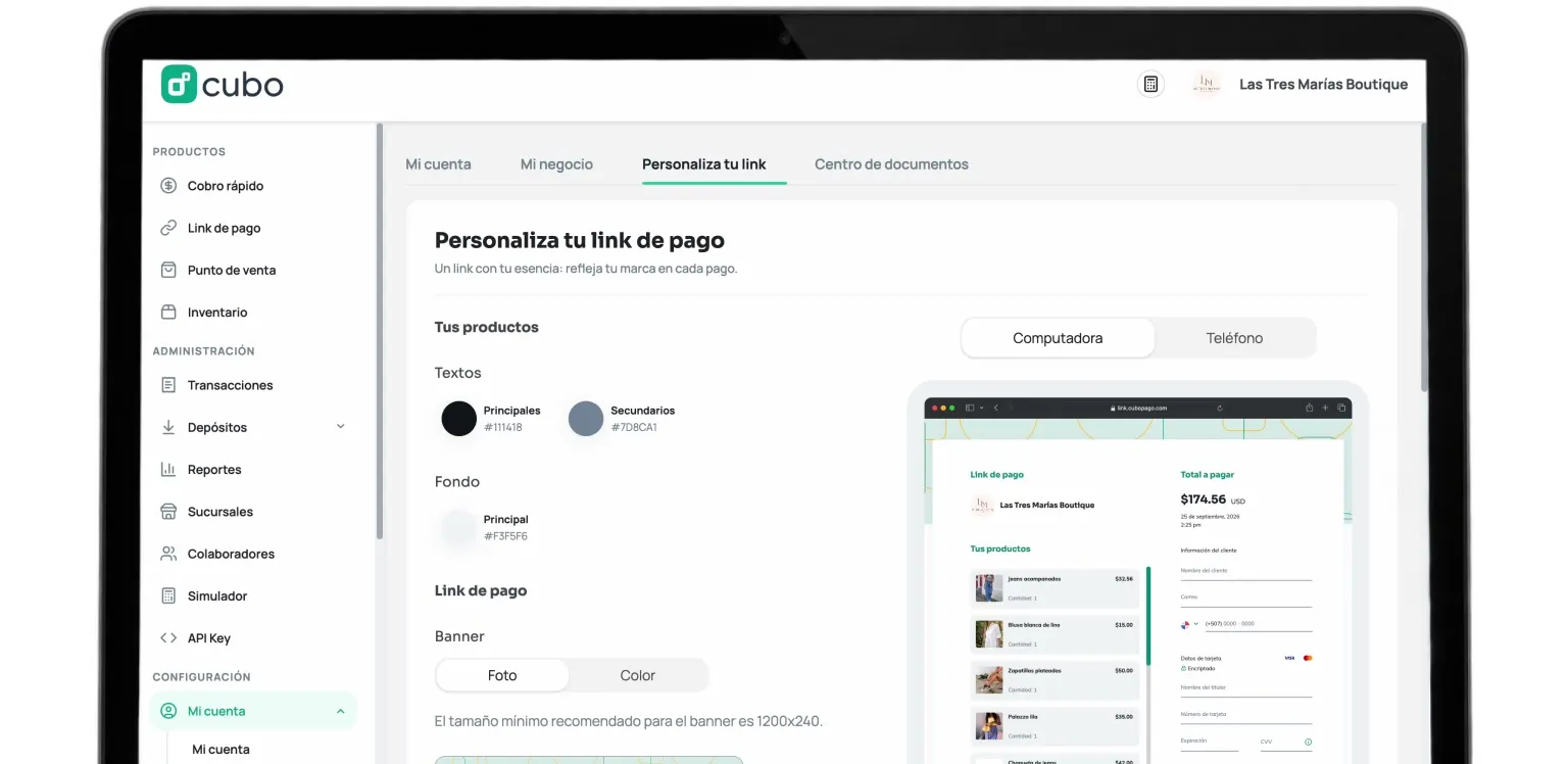 Cubo Admin en una laptop, personalizando los colores, el fondo y el banner del link de pago