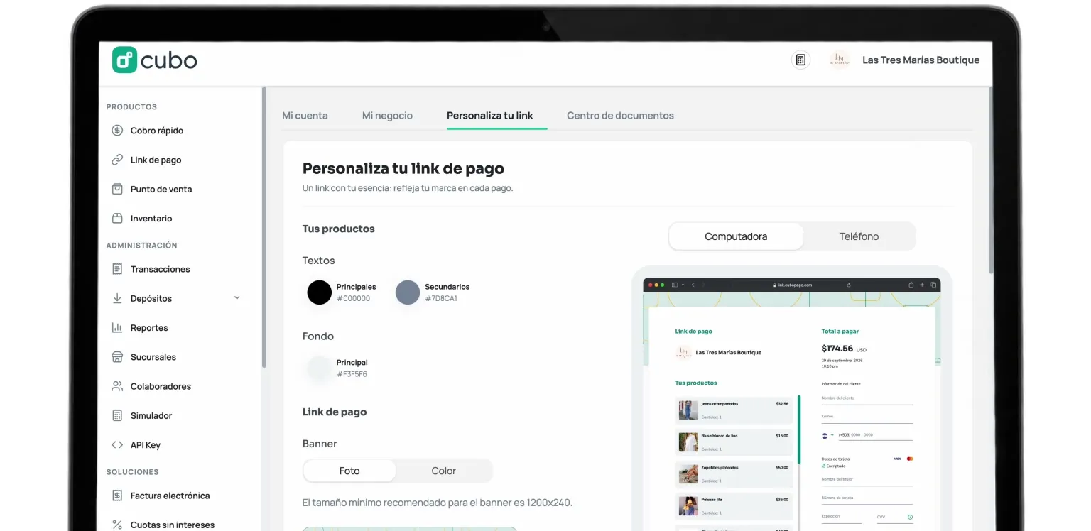 Cubo Admin en una laptop, personalizando los colores, el fondo y el banner del link de pago