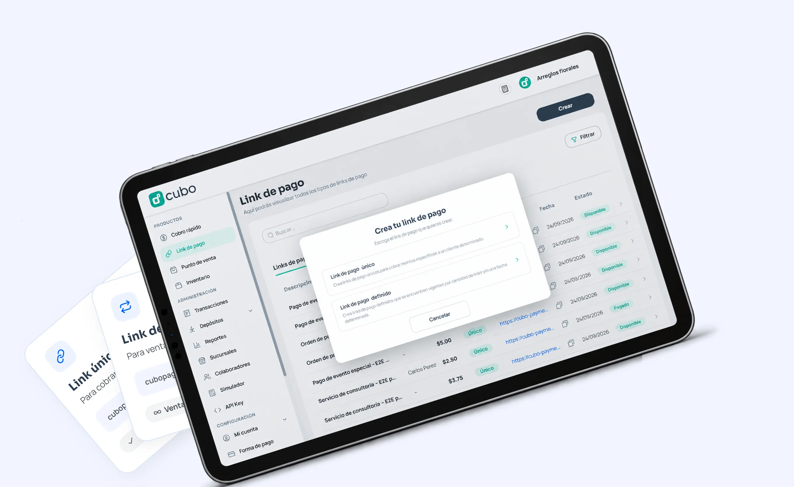 Cubo Admin en una tablet al crear un link de pago, con las opciones de link único y link definido