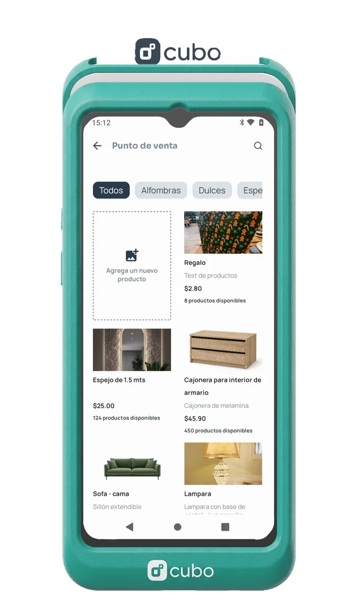 Cubo Más con el punto de venta y el catálogo de productos en pantalla