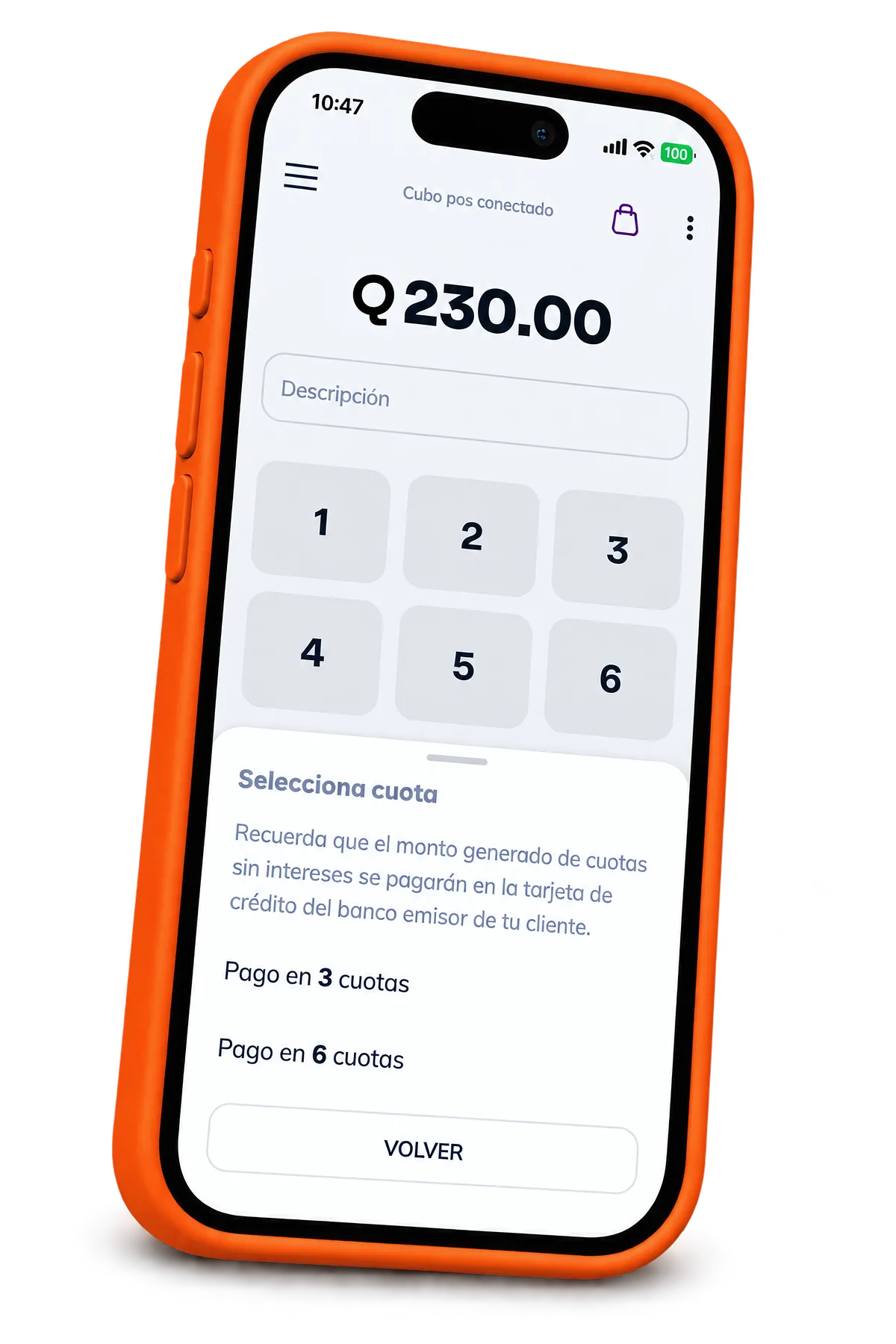 Celular con la app de Cubo cobrando Q230.00 y las opciones de pago en 3 o 6 cuotas