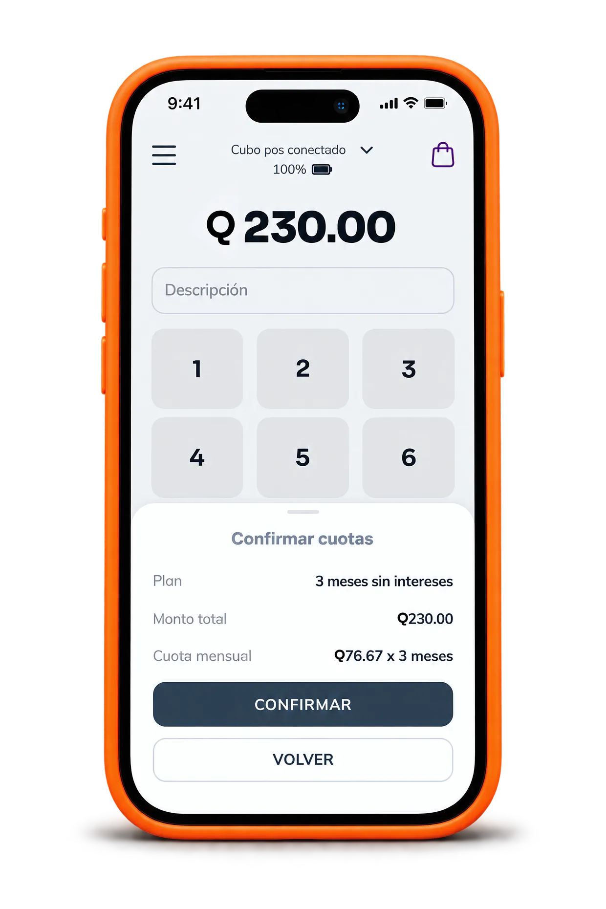 Celular con la app de Cubo confirmando un cobro de Q230.00 en 3 meses sin intereses