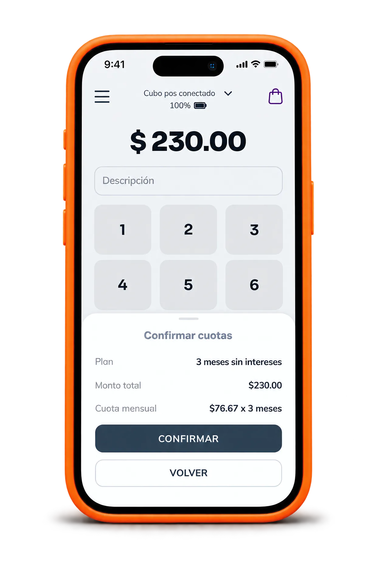 Celular con la app de Cubo confirmando un cobro de $230.00 en 3 meses sin intereses