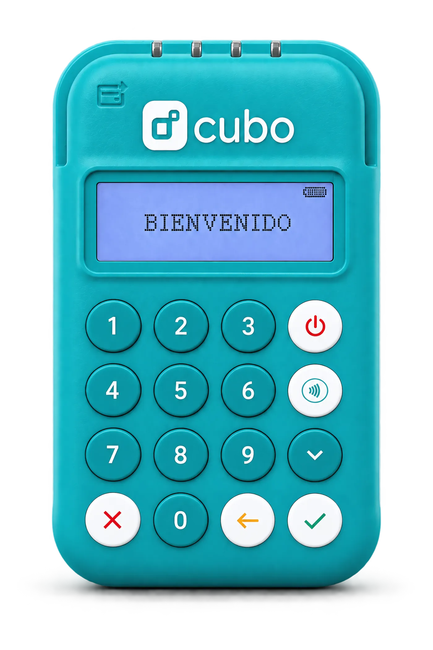 Terminal Cubo Go con la pantalla de bienvenida