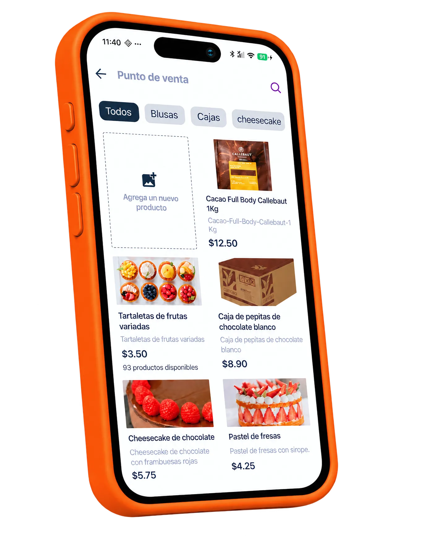 Un celular inclinado con el catálogo de productos del Punto de Venta de Cubo en pantalla
