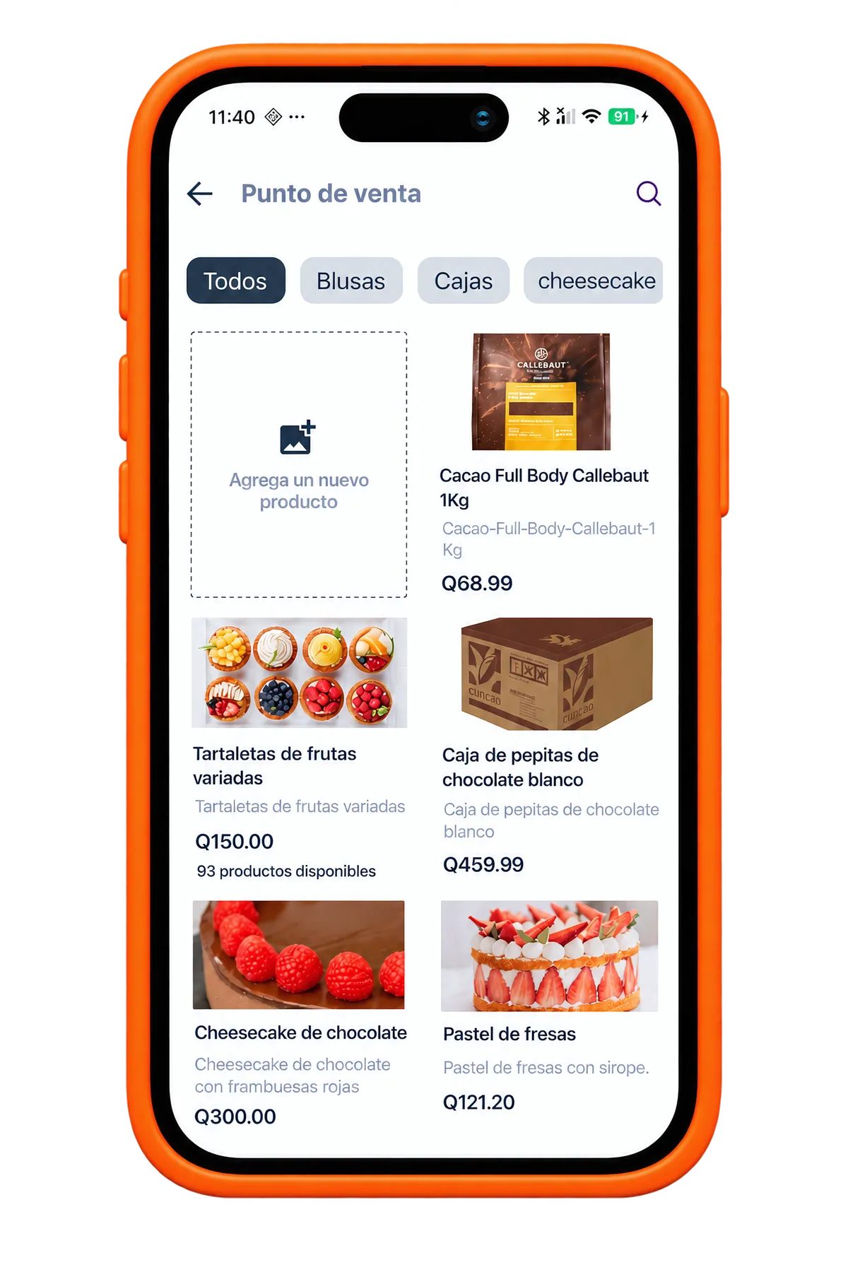 Celular con el Punto de Venta de Cubo y sus productos con precios en quetzales
