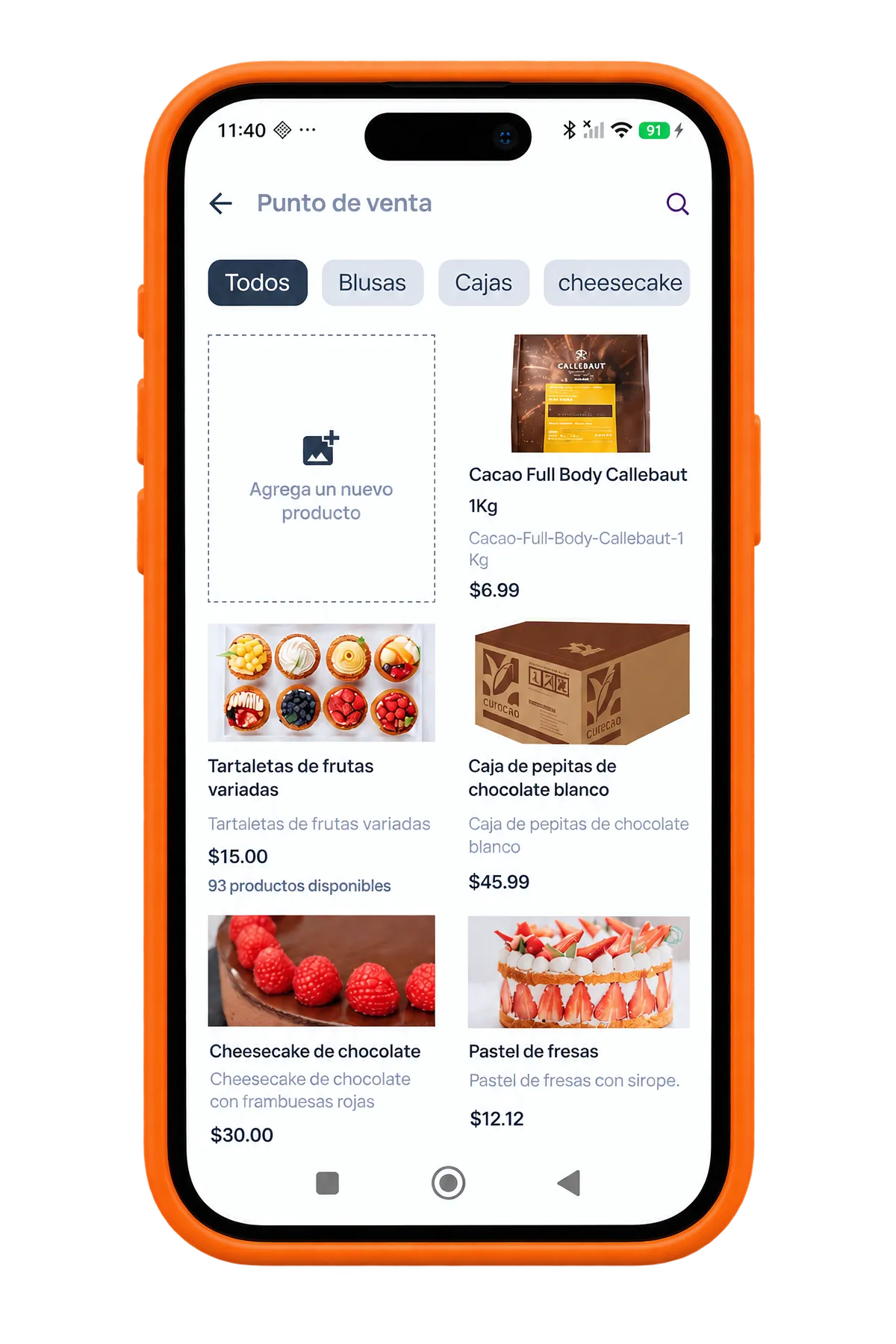 Celular con el Punto de Venta de Cubo y sus productos