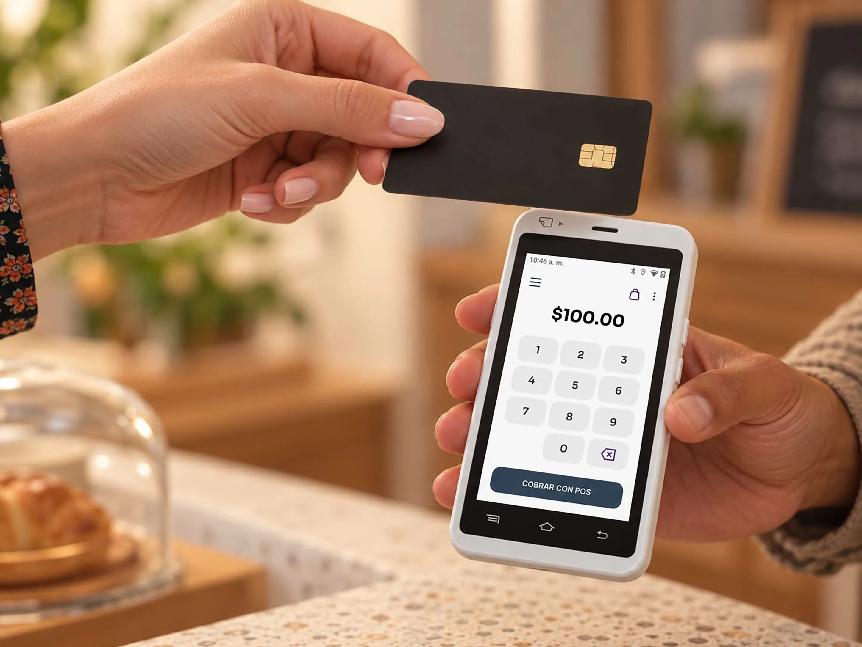 Un cliente acerca su tarjeta a la terminal Cubo Pro para pagar