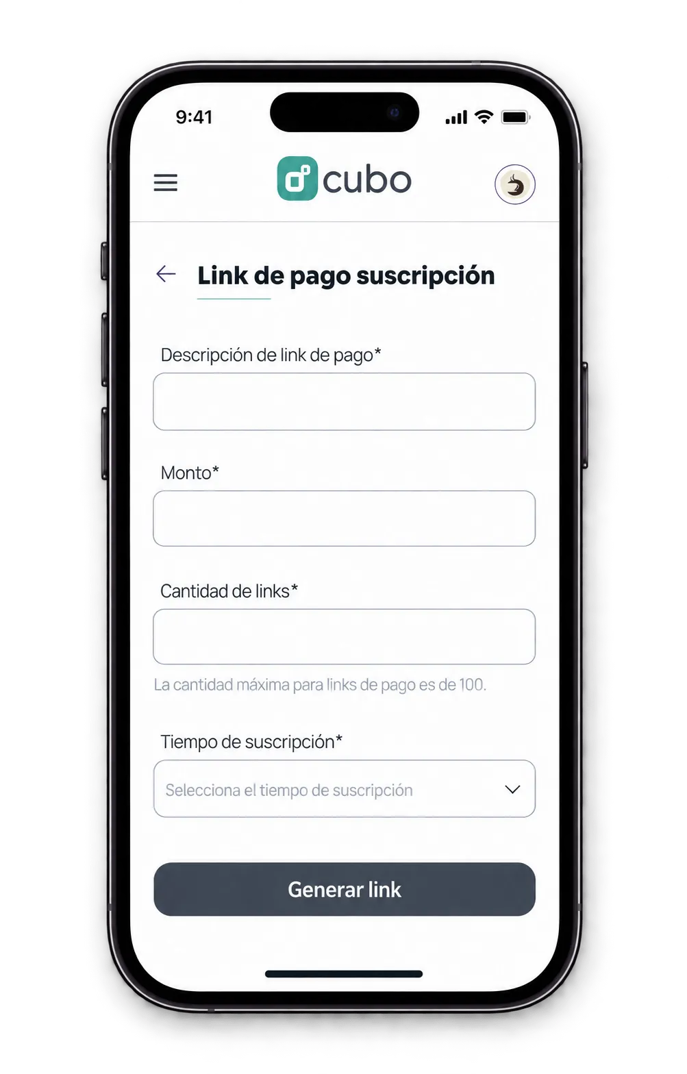 Celular con el formulario para crear un link de pago por suscripción en Cubo
