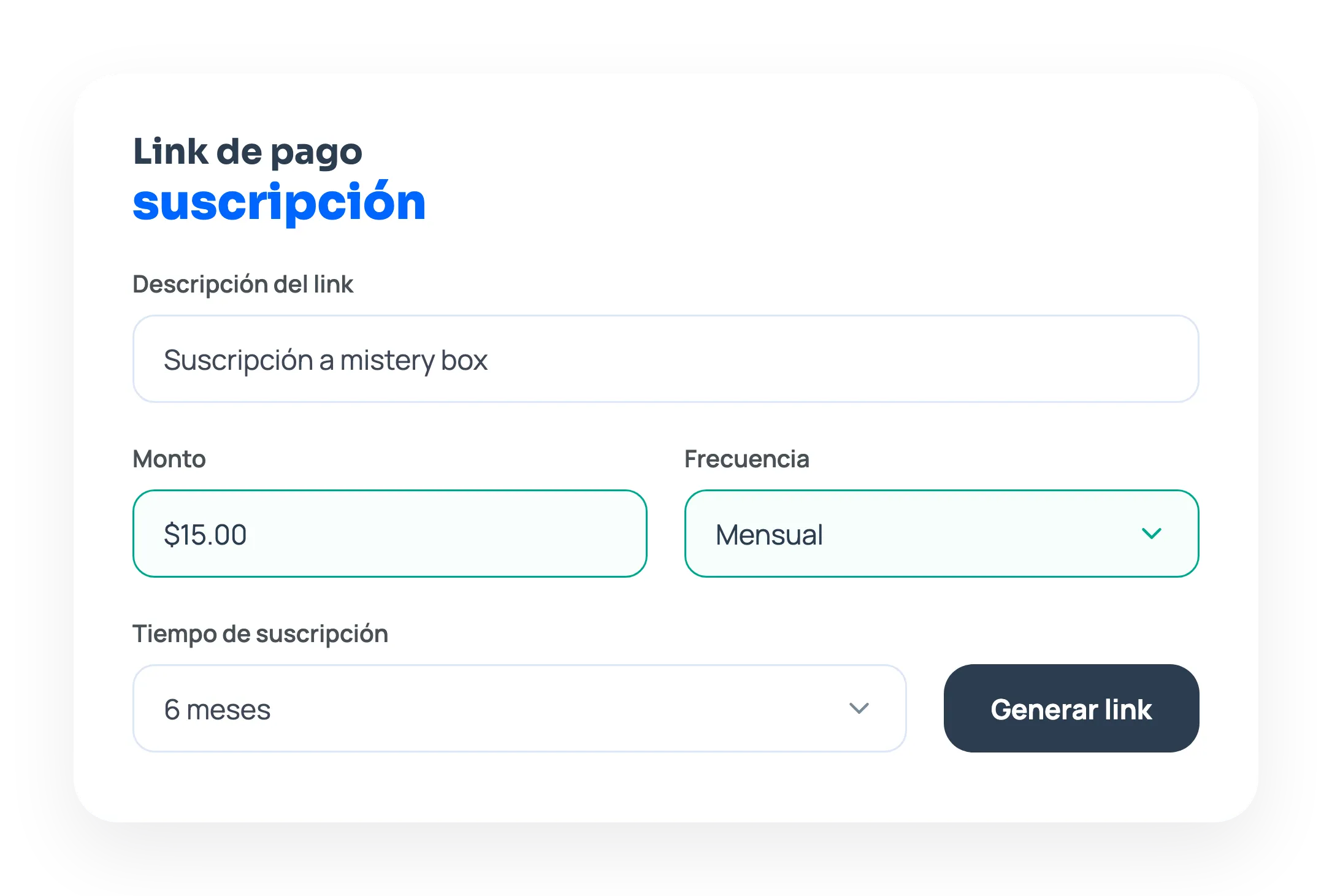 Formulario del link de pago por suscripción con descripción, monto, frecuencia mensual y tiempo de seis meses